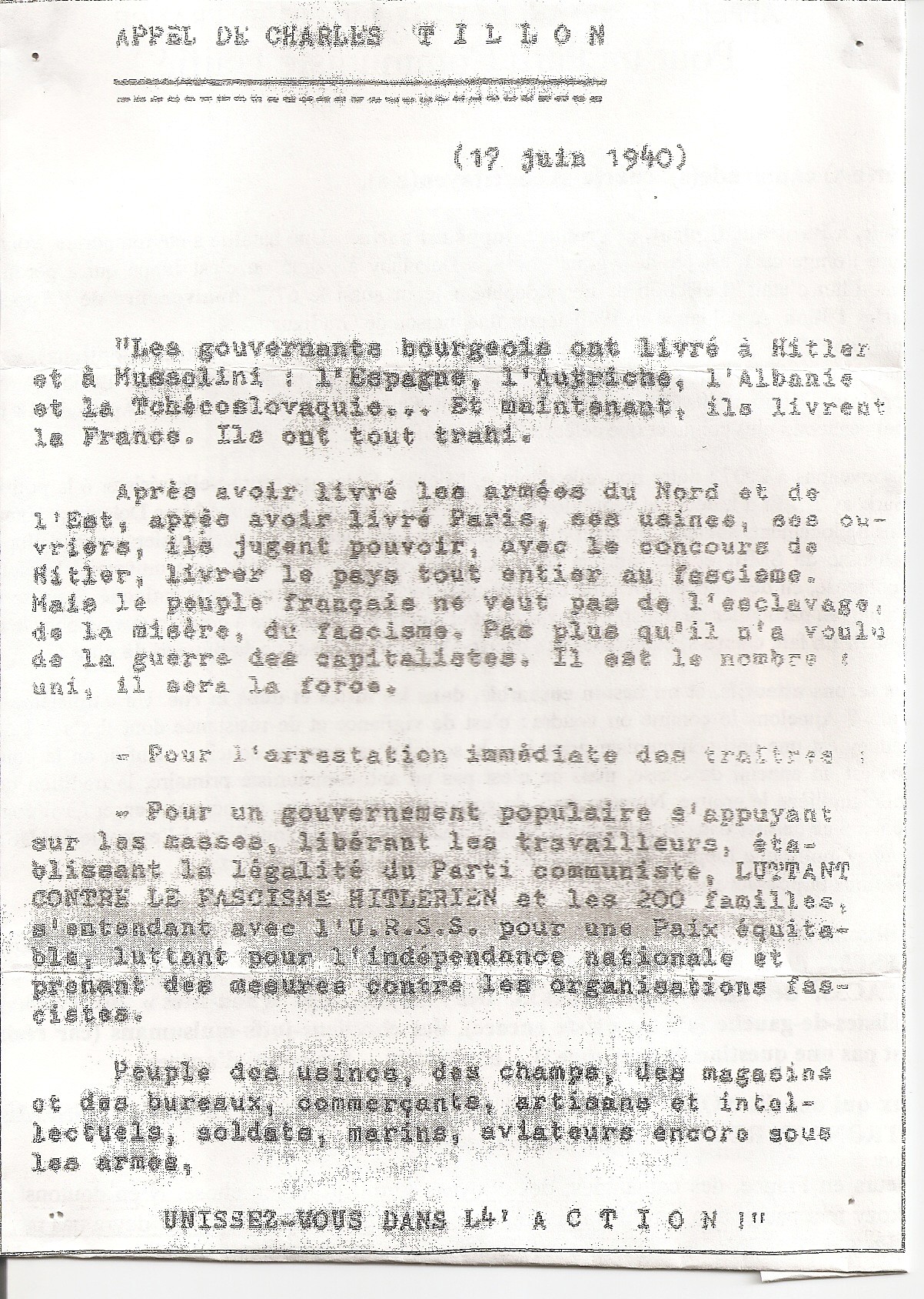 TILLION CHARLES APPEL 17 JUIN 1940
